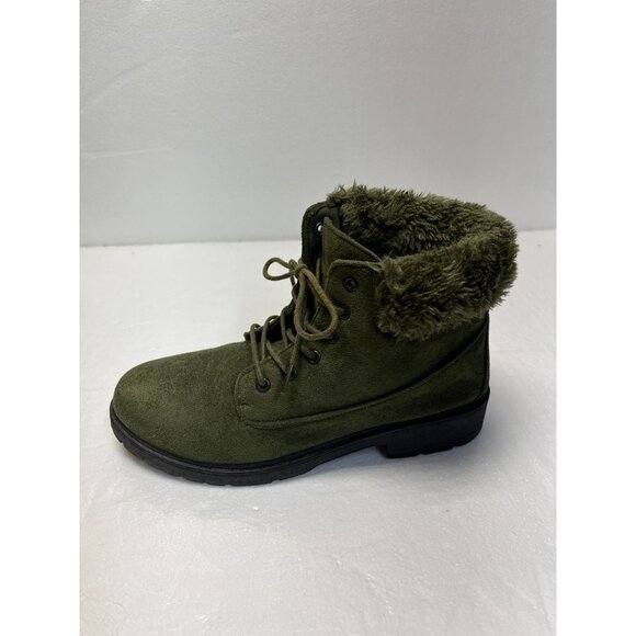 Womens Modern Rebel Olive Faux Suede Ankle Boots With Faux Fur Lining &‎ Lace-Up - Picture 10 of 14